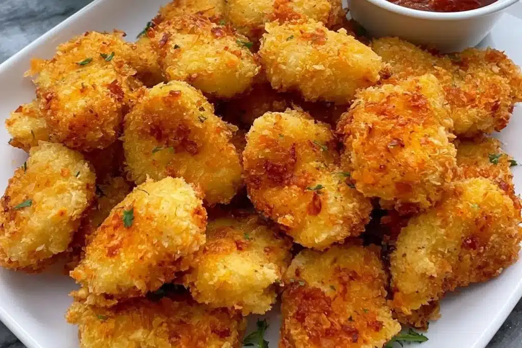 Plate of crispy homemade chicken nuggets with dipping sauce