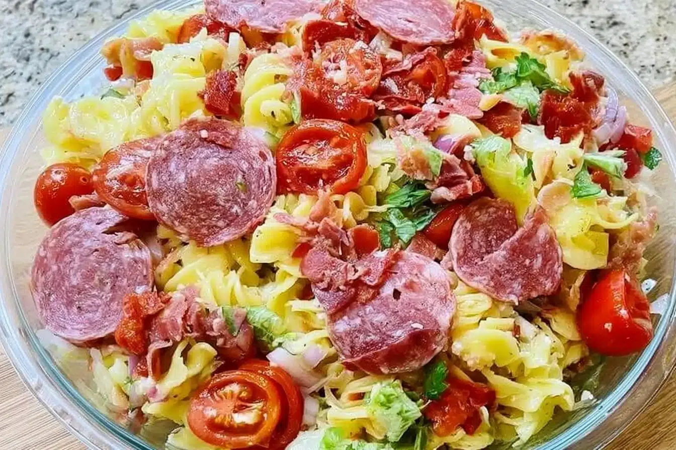 Delicious Italian Grinder Pasta Salad featuring fresh ingredients and vibrant colors.