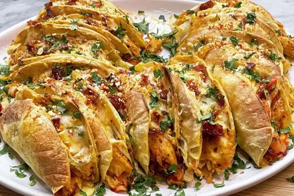 A plate of mini baked chicken tacos topped with fresh ingredients